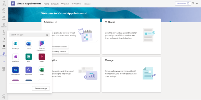 A screenshot of how to add the Virtual Appointments app into Microsoft Teams