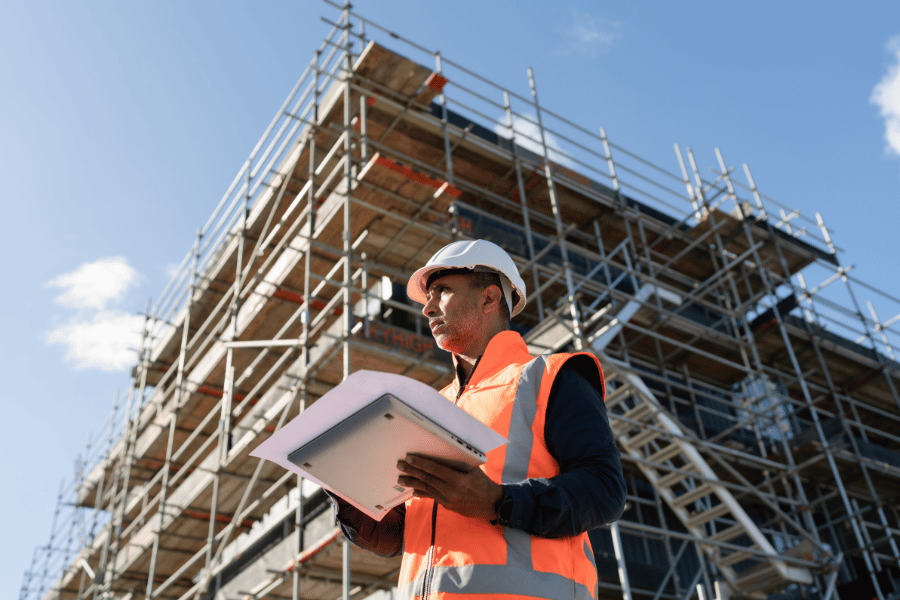 Construction worker conducting an audit on site.