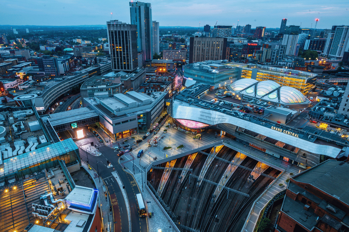 Photo of the Birmingham city centre skyline at dusk.