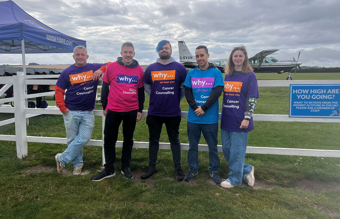 Adam, Jon, David, Shimon and Lily standing in front on an air field wearing their