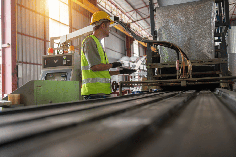 Manufacturing worker in high vis and hard hat working on the factory floor.