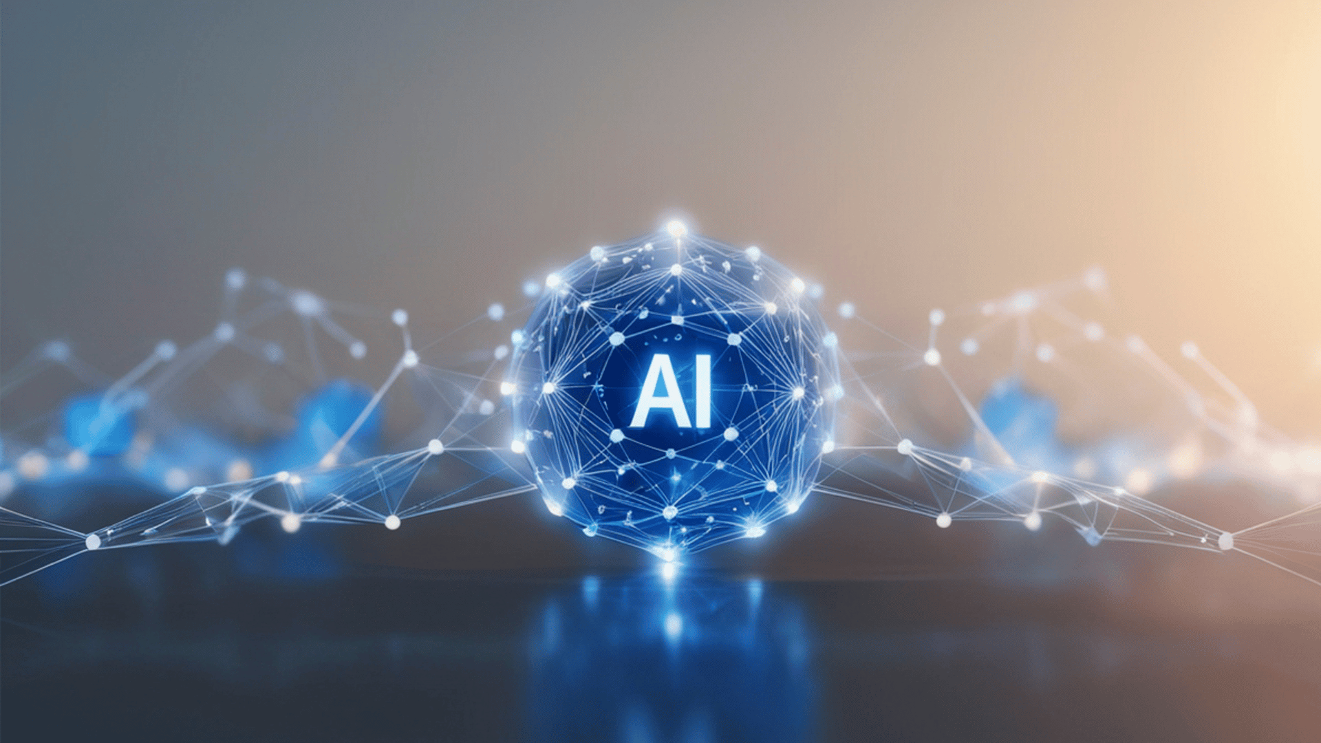 Glowing digital sphere labelled ‘AI’, connected by network lines, symbolising artificial intelligence transforming UK business operations and strategy.