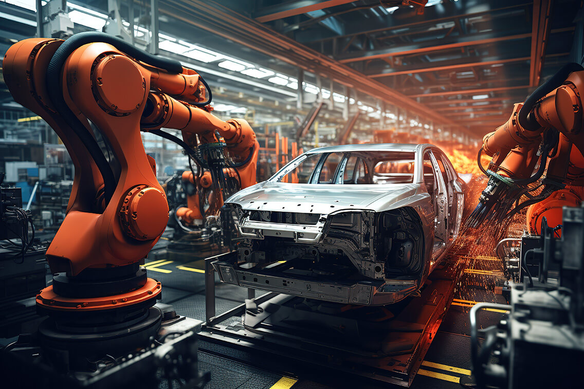 Robotic assembly line in an automotive factory