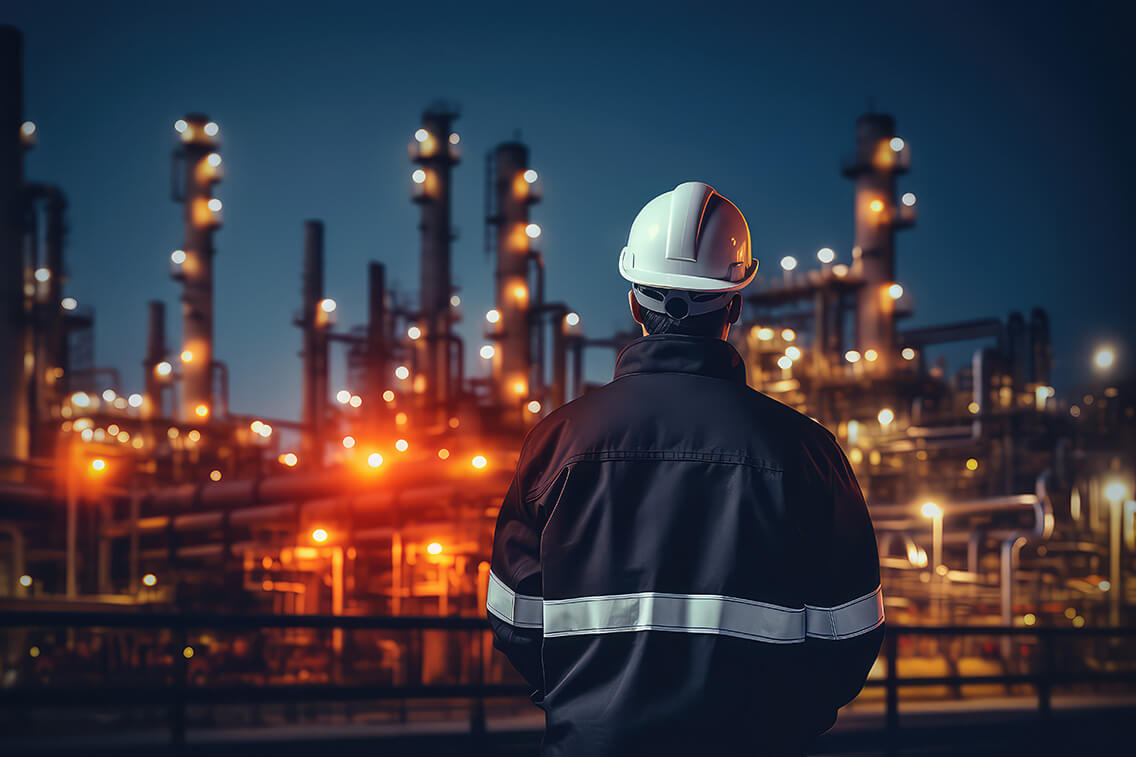 Industry worker from behind with safety jacket and helmet at refinery plant looking at the factory.