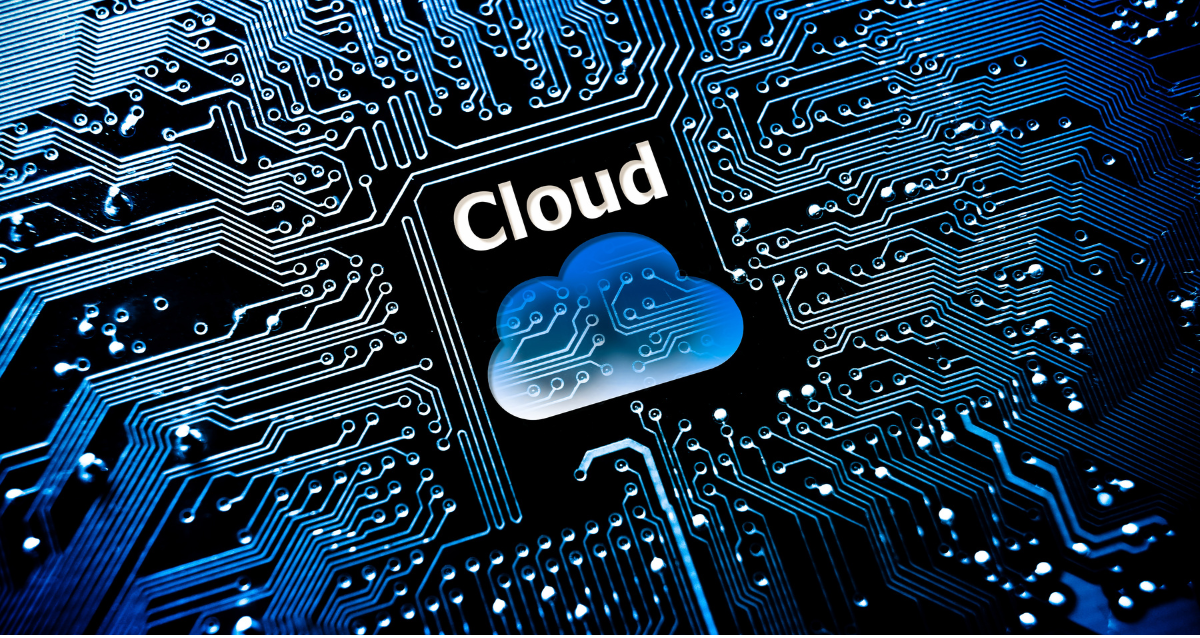Photo of a cloud computing network with the word cloud situated above a blue cloud icon. 