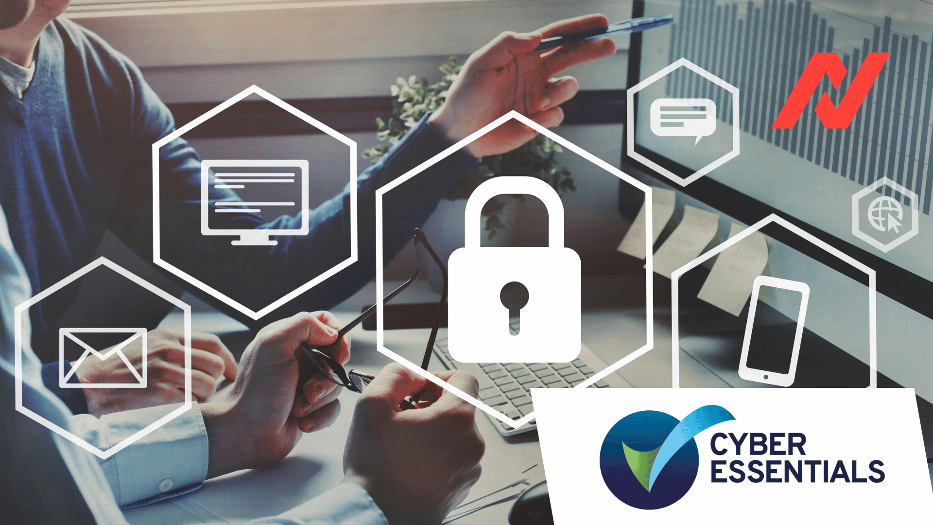 Cyber Essentials security concept showing a padlock icon over digital devices and network symbols, representing the April 2026 Cyber Essentials Danzell (v3.3) changes and updated cybersecurity compliance requirements.