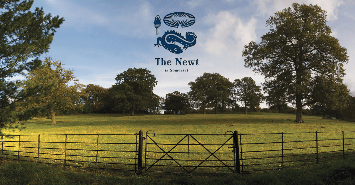 Wide angle shot of a country estate with The Newt in Somerset logo situated in the middle. 