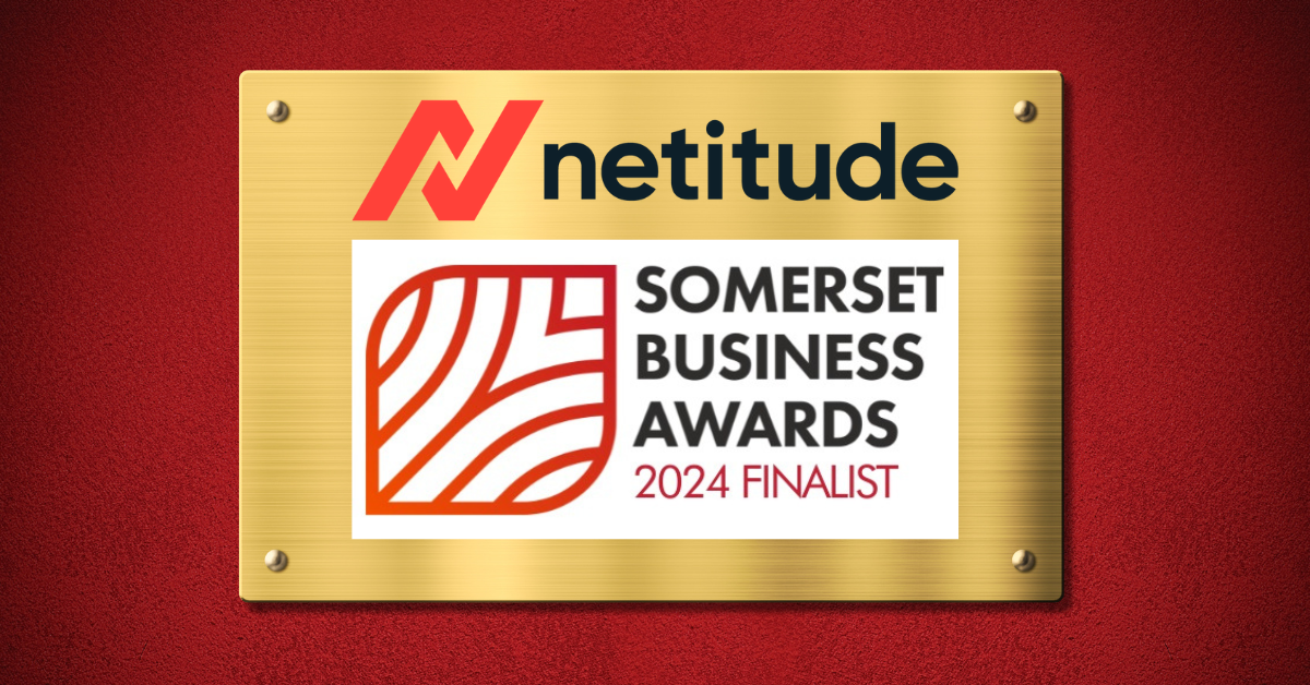 Photo of plaque with Netitude logo and Somerset Business Awards 2024 Finalist Logo