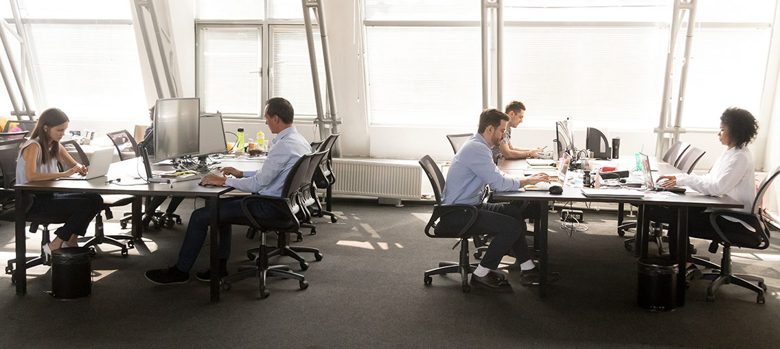 Employees focused on working on desktops in shared office