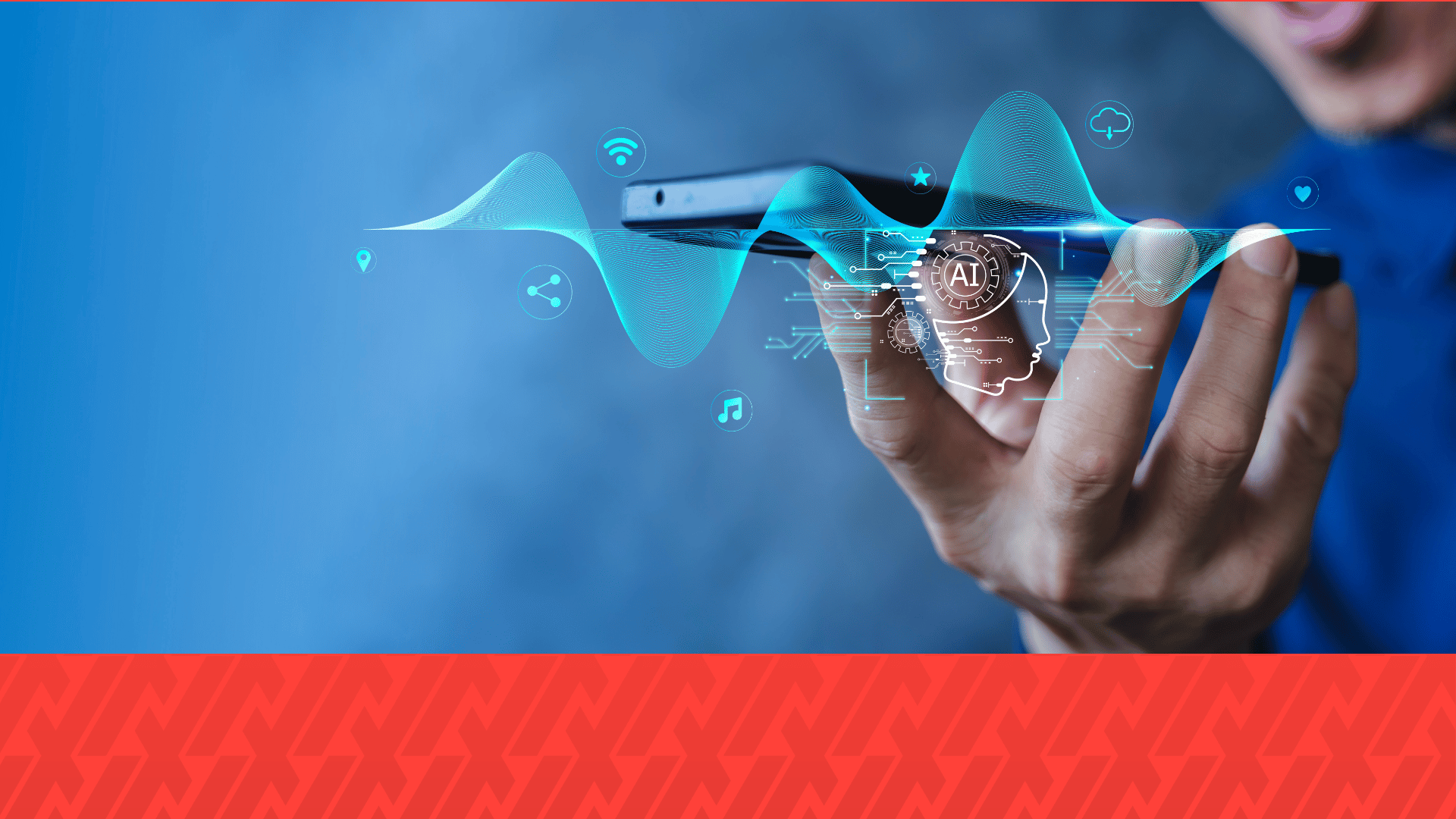 Photo of a person speaking into an AI interface with Netitude branding situated at the bottom of the frame.