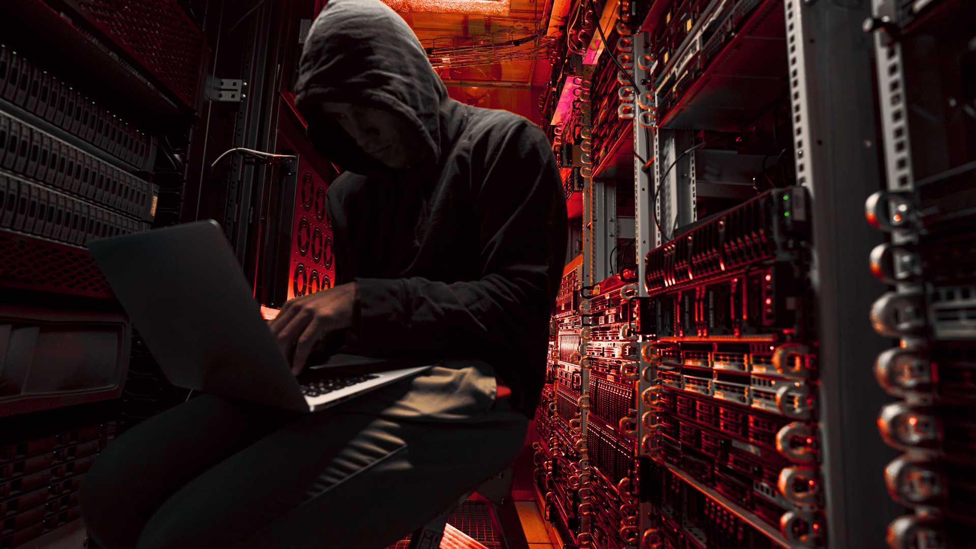 An initial access broker in a server room stealing company information via his laptop.
