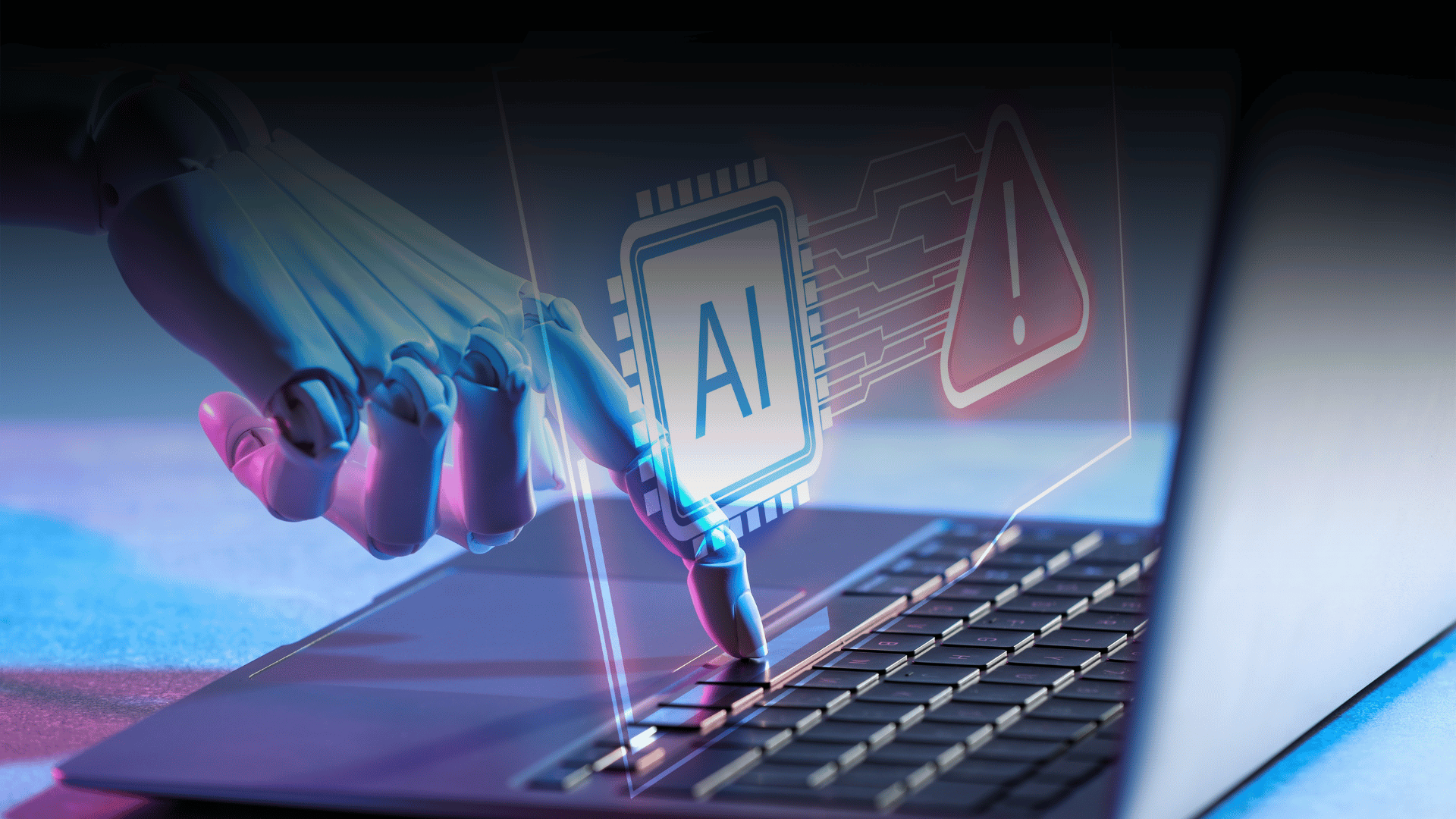 Shadow AI pressing down on a keyboard and taking control of a laptop. An AI symbol and warning sign is visible on screen.
