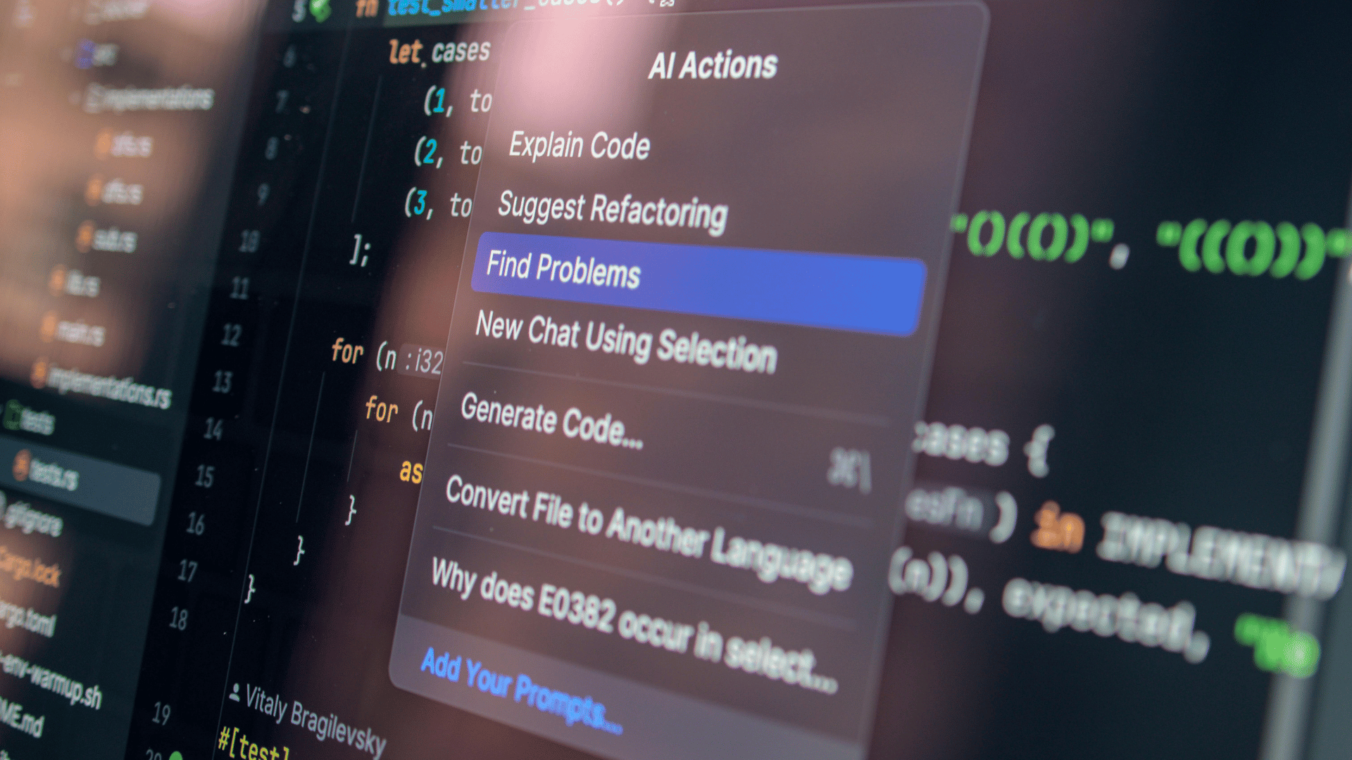 A computer screen in an AI interface with 'Find Problems' highlighted in blue with automation coding in the background.